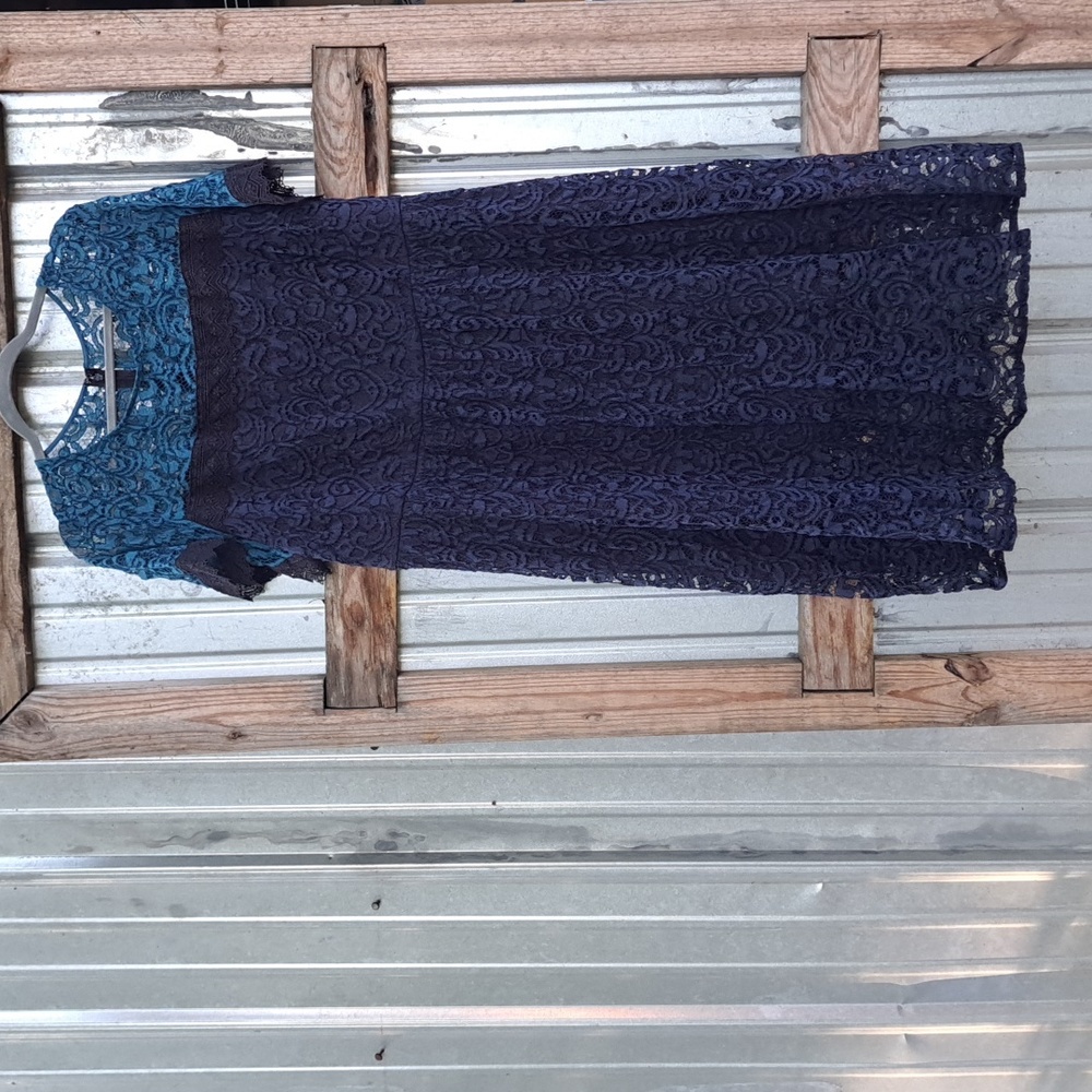 Lace Overlay Short-Sleeve Dress in Teal and Navy - Brand New With Tags!